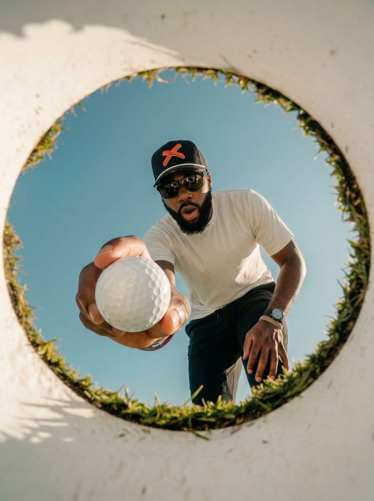 Translation missing: es.Man holding a golf ball through a circular hole with a clear blue sky background