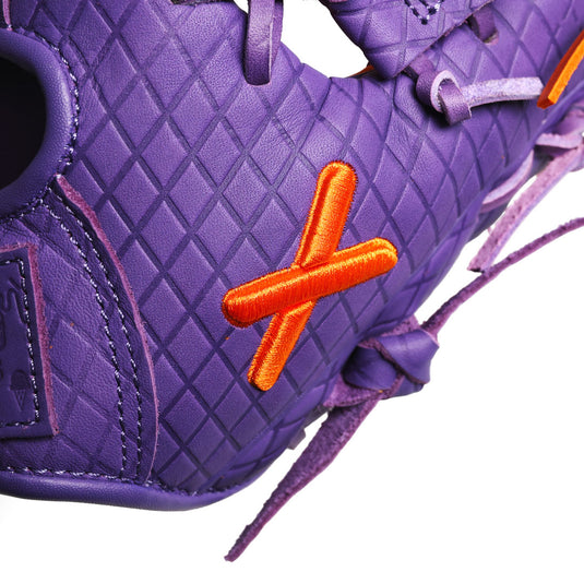 Purple youth baseball glove with orange 'X' logo