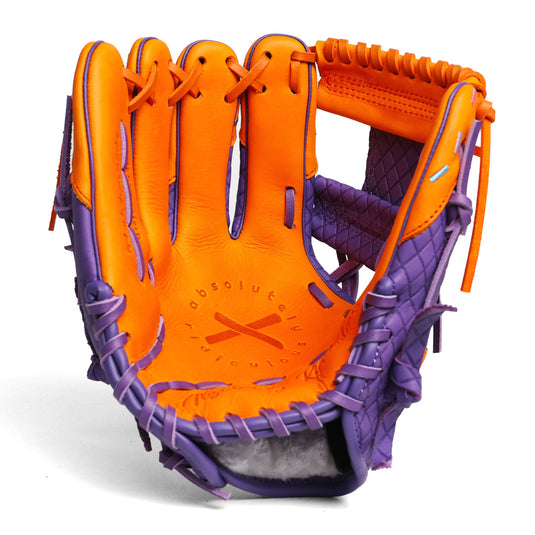 Inside shot of the orange and purple youth baseball glove for left handed throwers
