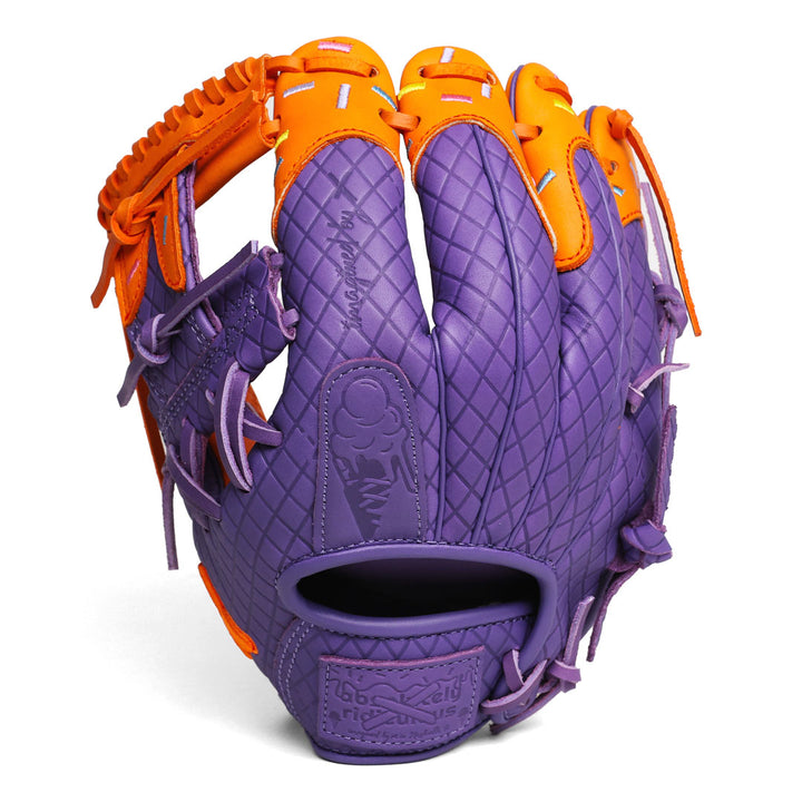 Translation missing: en.Outside shot of the purple and orange youth baseball glove on with stitched sprinkles on the drip pattern for left-handed throwers