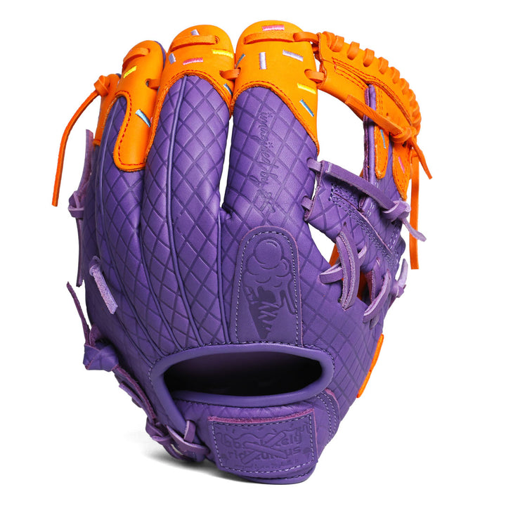 Outer shot of purple baseball glove with waffle cone design and orange drip accent towards the top of the finger stalls with stitched sprinkles