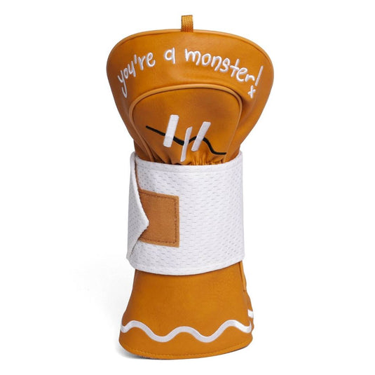 Golf Club Head Cover with design of a Gingerbread Man character with text 'You're a monster!'