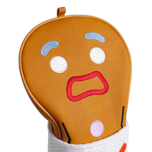 Close-up of frosting stitching face of Gingerbread Man Club head cover and gumdrop accents on Gingerbread Man Head Cover