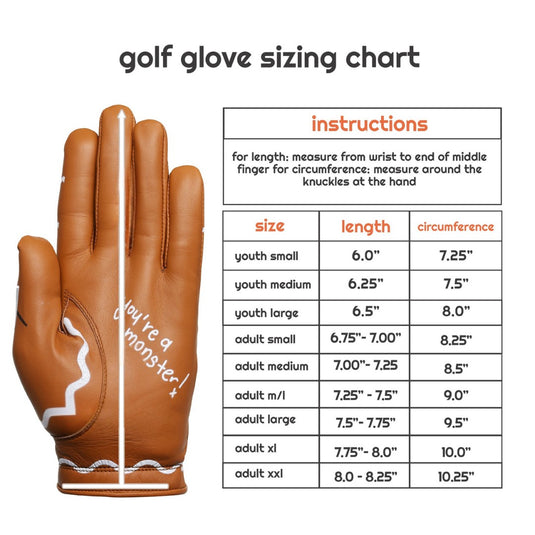 Image shows a sizing chart break down of the Golf Glove Sizing Chart