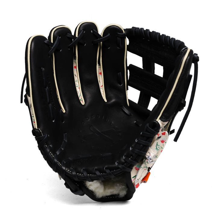 Translation missing: en.Black inside shade of the H-web baseball glove with floral pattern on a white background for a left handed thrower