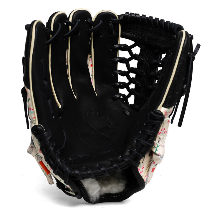 Translation missing: en.Black inside shade of the Mod-Trap web baseball glove with floral pattern on a white background
