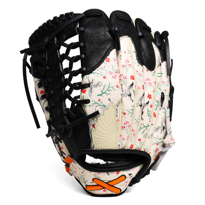 Translation missing: en.Mod-Trap Baseball glove with floral pattern and brand logo on a white background for a left handed thrower