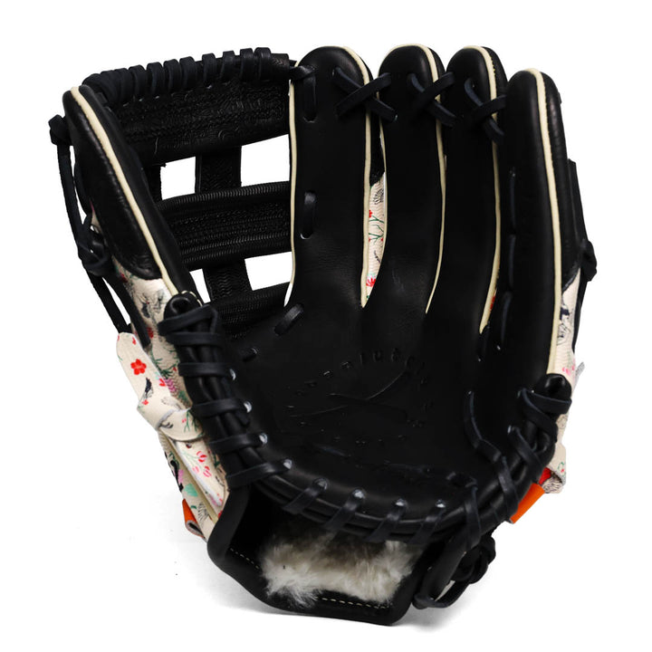 Translation missing: en.Black inside shade of the H-web baseball glove with floral pattern on a white background