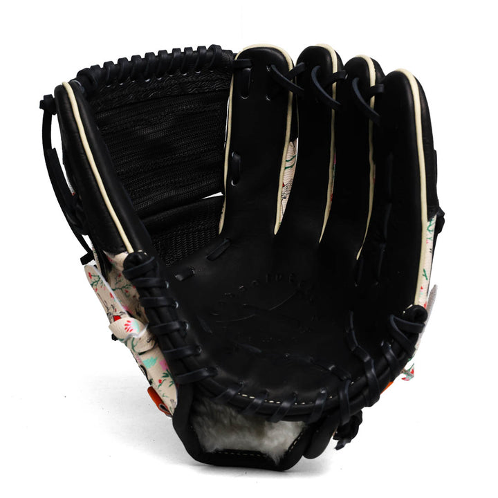Translation missing: en.Black inside shade of the Two-Piece web baseball glove for a right handed thrower with floral pattern on a white background