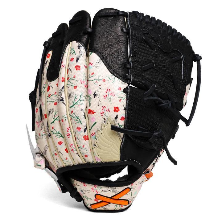 Translation missing: en.Two-Piece Pitcher's Baseball glove for a right handed thrower with floral pattern and black accents on a white background