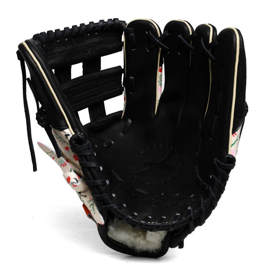 Black palm of the softball glove with floral pattern on a white background