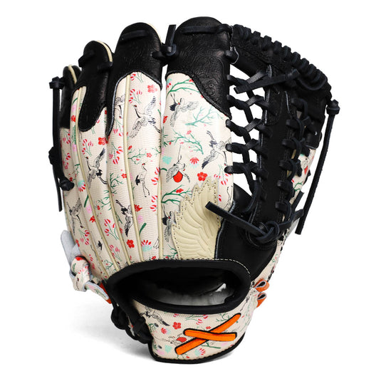 Mod Trap Softball glove with floral and bird pattern on a white background