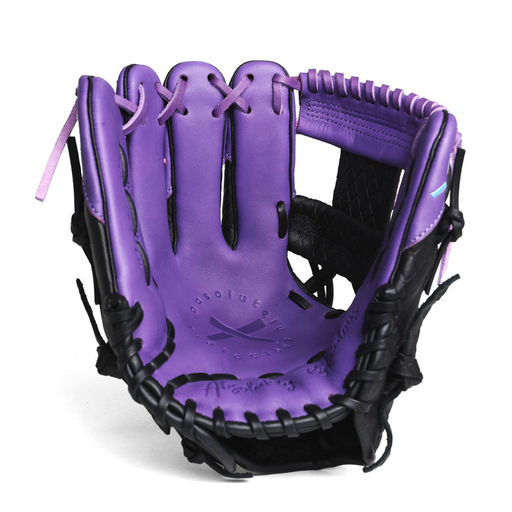 Translation missing: en.Inside shot of the purple palm of this youth baseball glove for a left-handed thrower with black webbing and laces. 