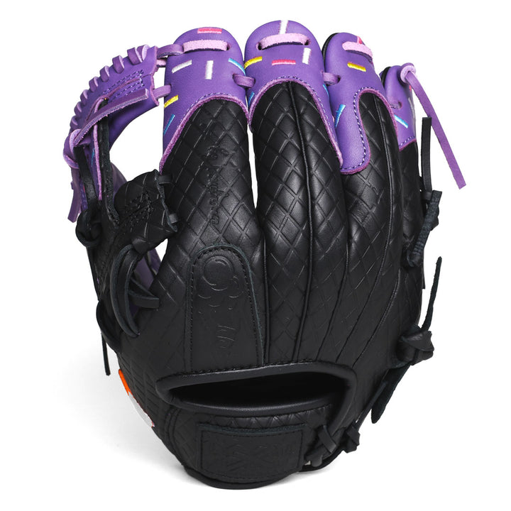 Translation missing: en.Black youth baseball glove for left-handed throwers with waffle cone design, purple drip pattern and stitched sprinkles across the drip