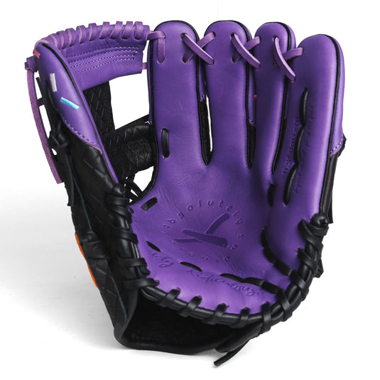 Inner shot of the youth baseball glove with purple as the main color in the palm with black laces and web design