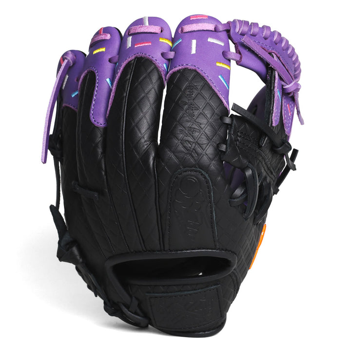 Outer shot of the black youth baseball glove on waffle cone design with purple drip pattern and stitched sprinkles across the drip