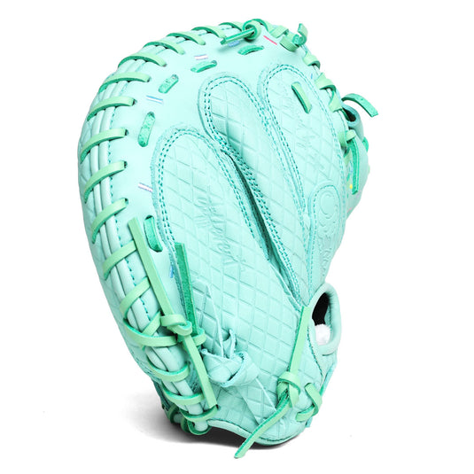 Side view of the all mint youth baseball glove with stitched pink, yellow, purple, and blue sprinkles layered on the drip pattern of the glove
