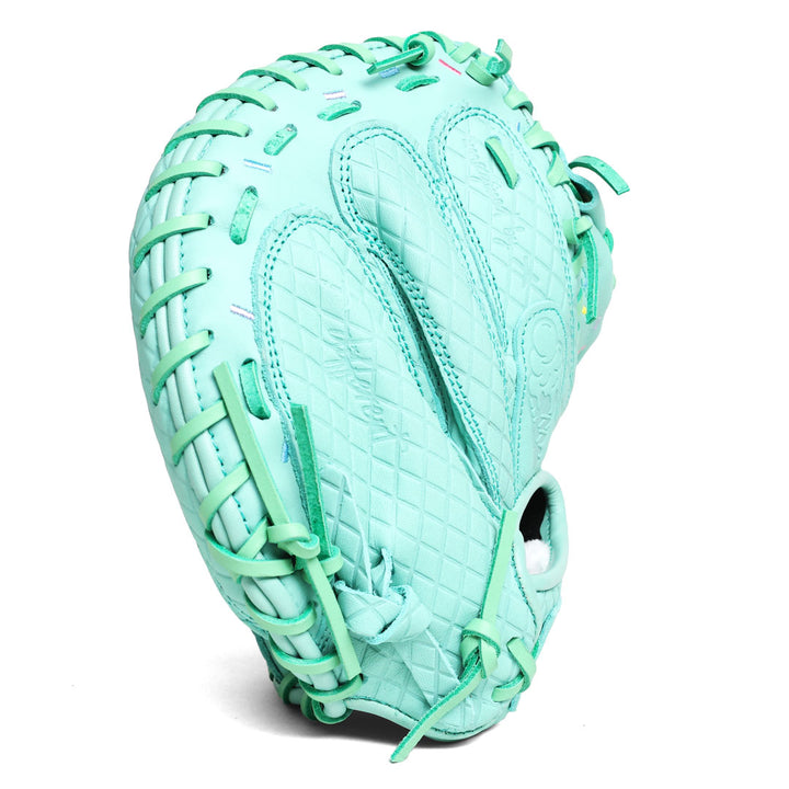 Translation missing: en.Side view of the all mint youth baseball glove with stitched pink, yellow, purple, and blue sprinkles layered on the drip pattern of the glove
