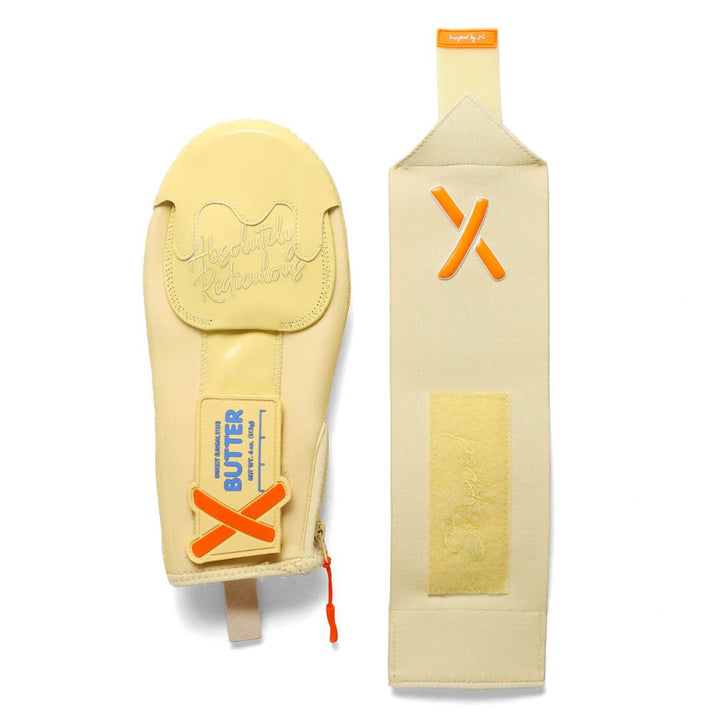 Translation missing: en.flat view of Butter Hybrid sliding mitt highlighting adjustable wrist strap with x logo