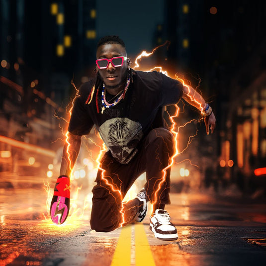 Elly De La Cruz wearing the black and pink sliding mitt with a design resembling electric lightning, positioned on a city street at night with a blurred background.