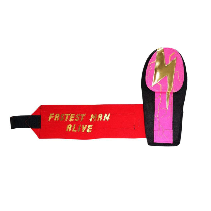 Translation missing: en.Sunglasses with a pink and black design and a red band with 'Fastest Man Alive' text on a white background
