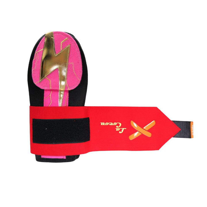 Translation missing: en.sliding mitt with pink and black design and red band featuring a logo on a white background