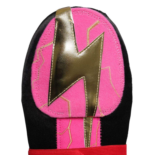 Pink and black sliding mitt with gold lightning bolt design on a white background