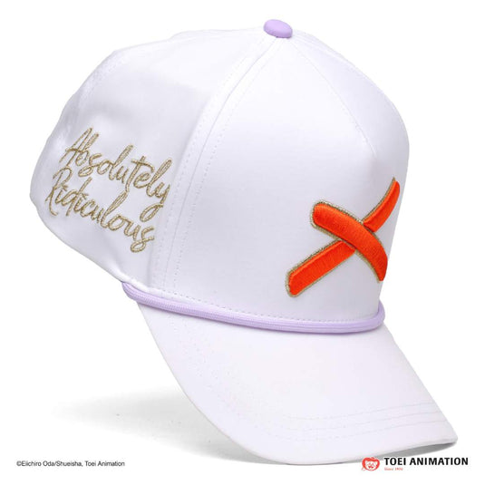 White hat with 'Absolutely Ridiculous' text and the orange X logo with light purple top button and rope around where the front panel and bill of the hat connect
