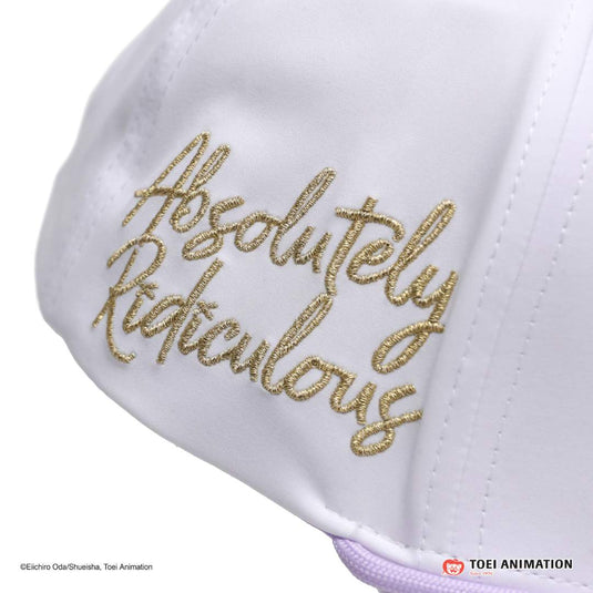 close up shot of the text 'absolutely ridiculous' in cursive font on the side of the hat