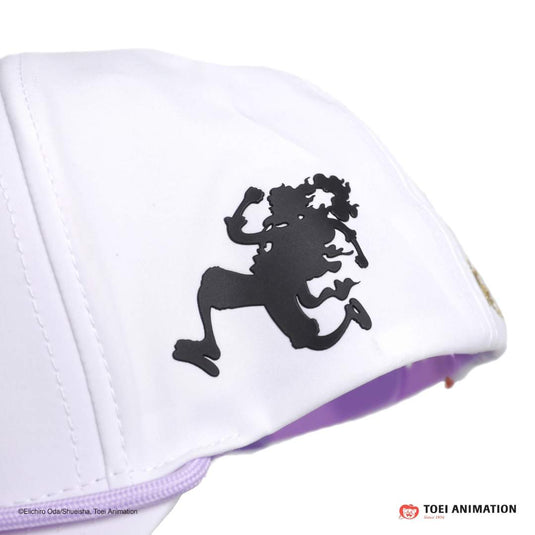 White hat with black design of the monkey d luffy gear 5 pose of him running and jumping