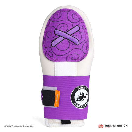 Back view of the purple and white sliding mitt with decorative stitched emblem of monkey. d luffy on the strap.