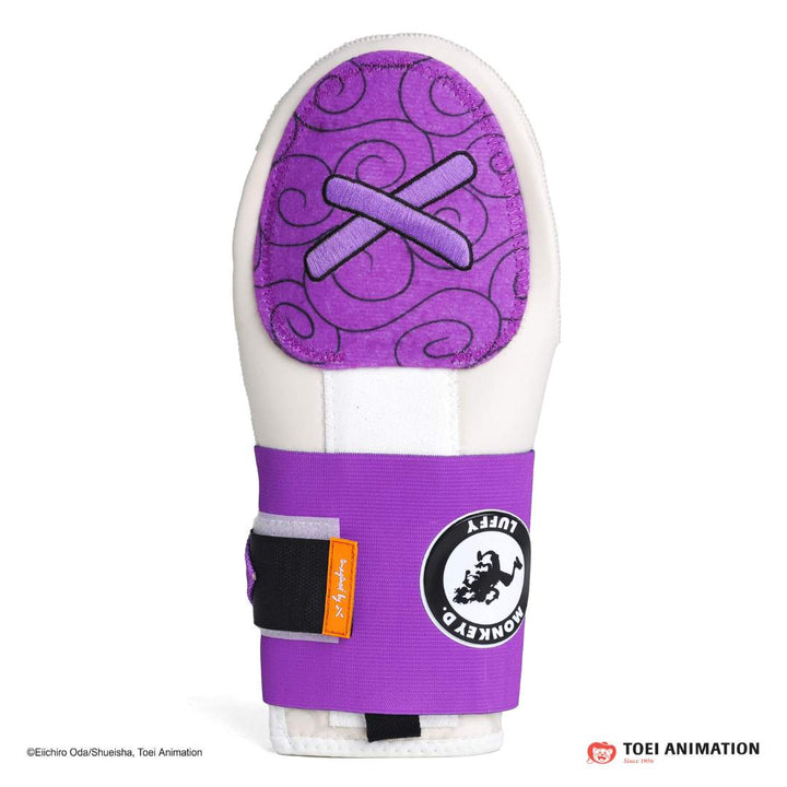 Translation missing: en.Back view of the purple and white sliding mitt with decorative stitched emblem of monkey. d luffy on the strap