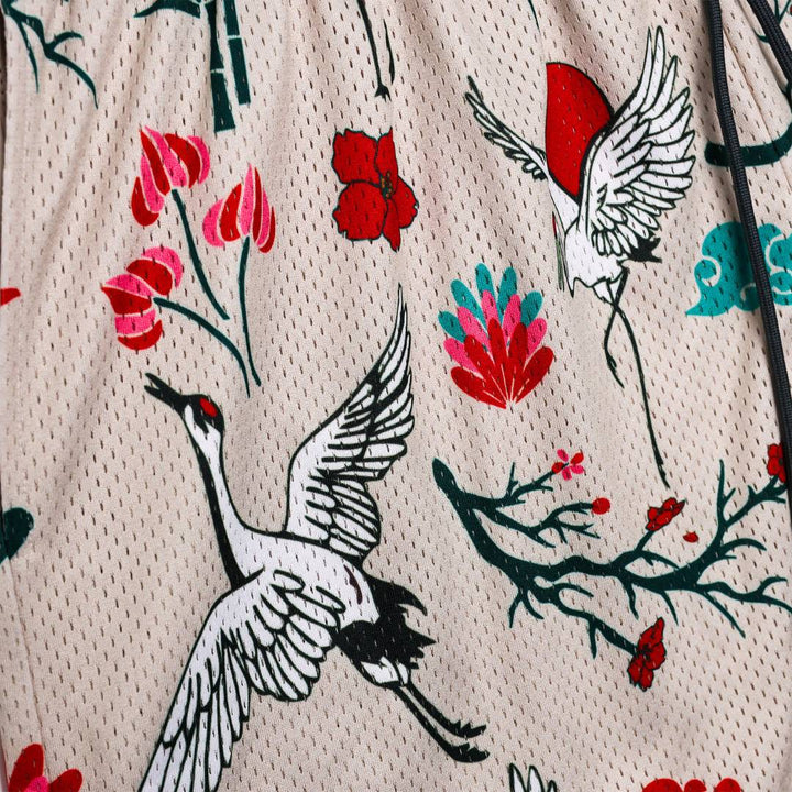 Translation missing: en.Textile with crane and floral pattern on the cream background