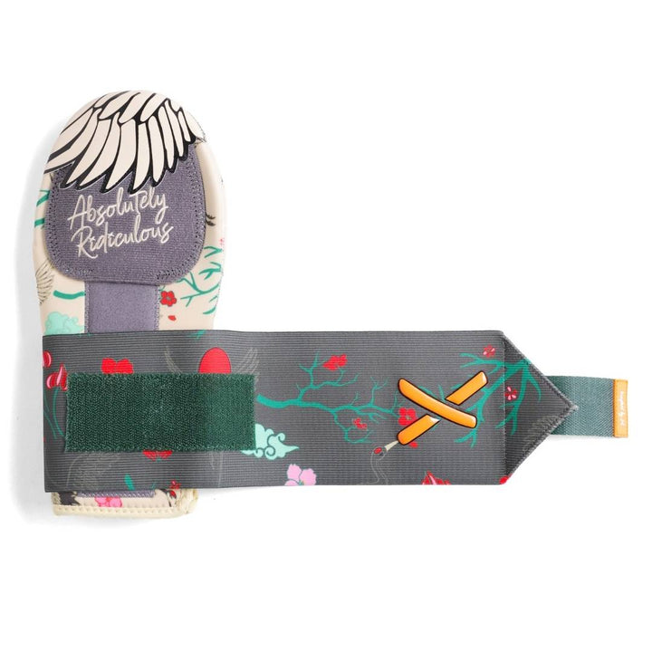 Translation missing: en.“Side profile of the sliding mitt with grey and green strap along with the orange stitched X detail.”