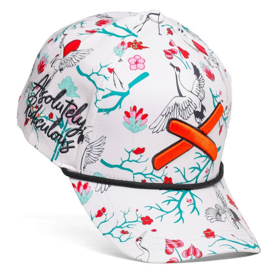 angled view of a floral patterned baseball cap featuring bird illustrations, orange X logo, and ‘Absolutely Ridiculous’ embroidery