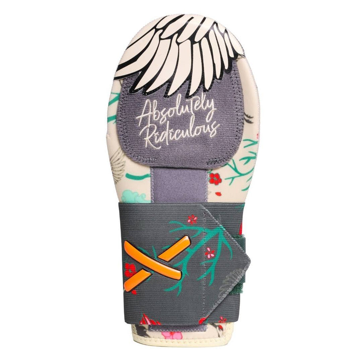 Translation missing: en.“Front view of a floral pattern on a beige sliding mitt with a grey strap and wing design towards the top with ‘Absolutely Ridiculous’ branding.” 