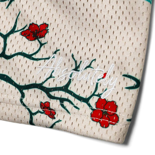 embroidery of the word 'absolutely' with red flowers and green branches behind the embroidery