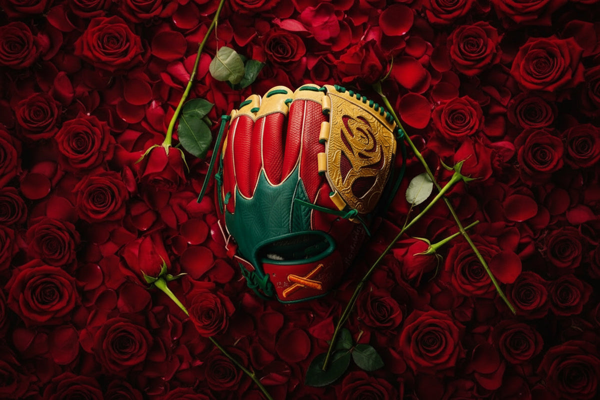 Colorful mask on a red fabric background with flowers