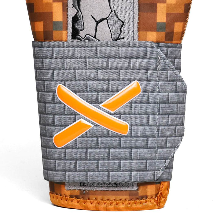 Translation missing: en.detailed shot of the strap with the pixelated brick design and orange "X" logo