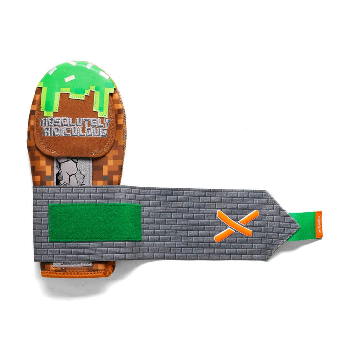Translation missing: en.front view of the pixelated sliding mitt design. opened strap with green velcro, and orange "x" logo