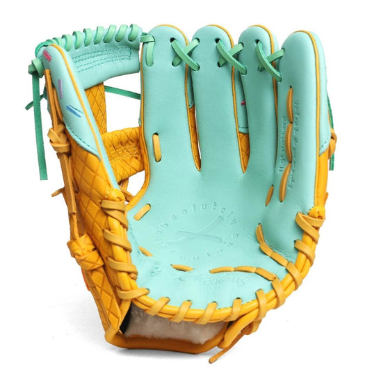 Inside shot of the youth baseball glove with a mint colored palm with a yellow / tan outer shell