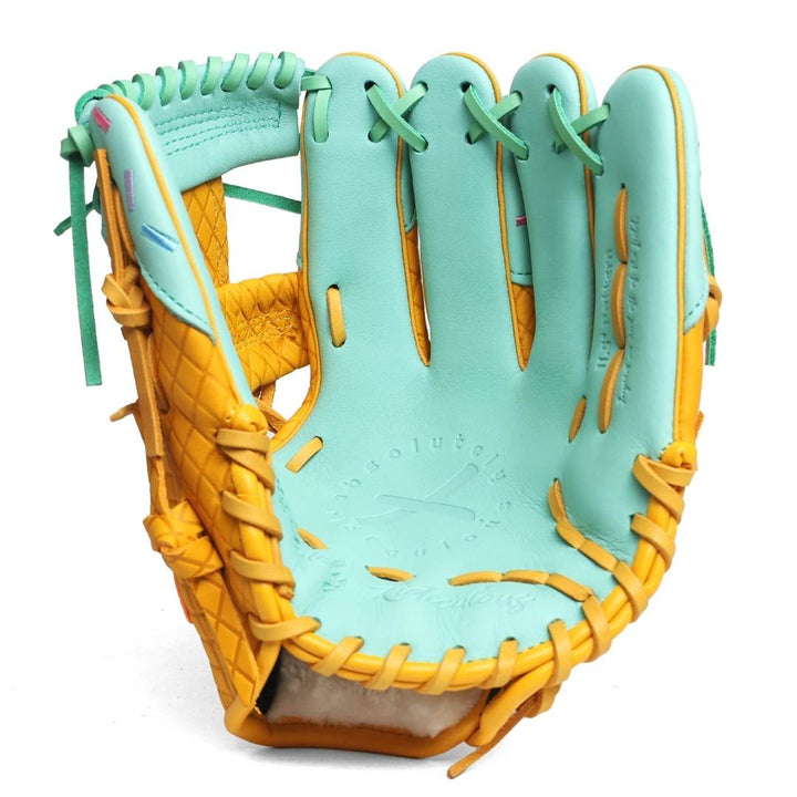 Translation missing: en.Inside shot of the youth baseball glove with a mint colored palm with a yellow / tan outer shell